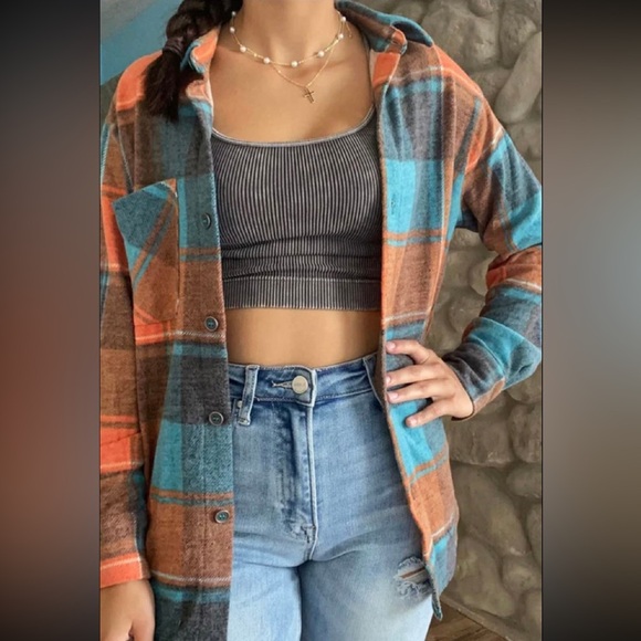 Zenana Outfitters Tops - Zenana Campfire Cutie Plaid Flannel Shirt in Orange and Blue size large